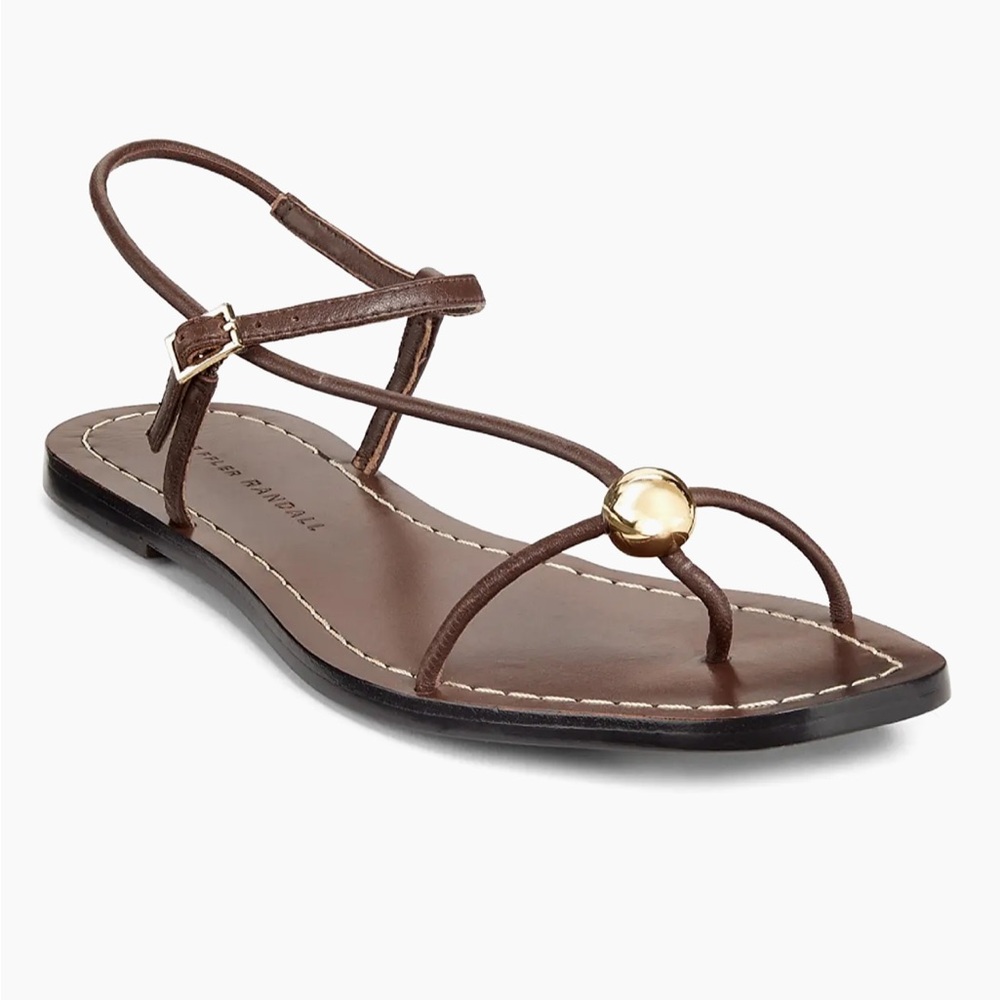 Loeffler Randall Brown Leather Toe-Loop Sandal with Gold Accent